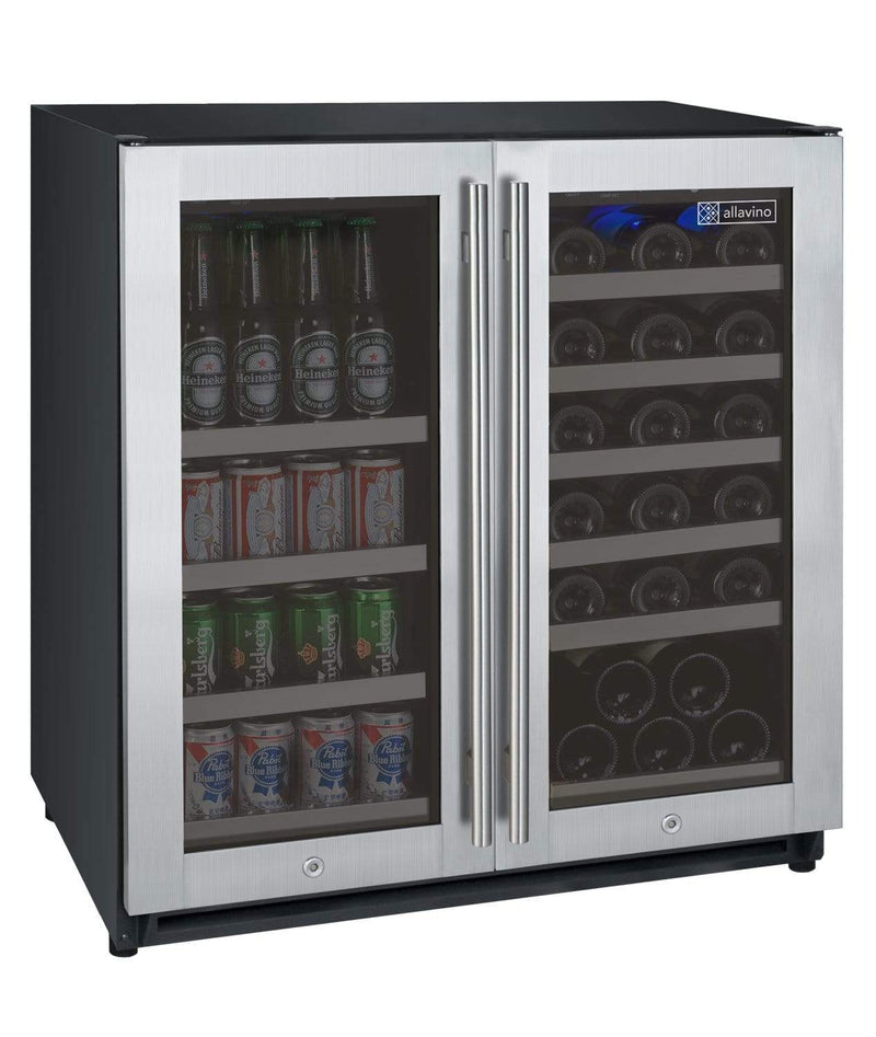 Allavino 30" Wide FlexCount II Tru-Vino 30 Bottle/88 Can Dual Zone Stainless Steel Built-In Wine Refrigerator/Beverage Center AO VSWB30-2SF20