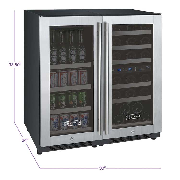 Allavino Allavino 30" Wide FlexCount II Tru-Vino 30 Bottle/88 Can Dual Zone Stainless Steel Side-by-Side Wine Refrigerator/Beverage Center BF 3Z-VSWB15-2S20