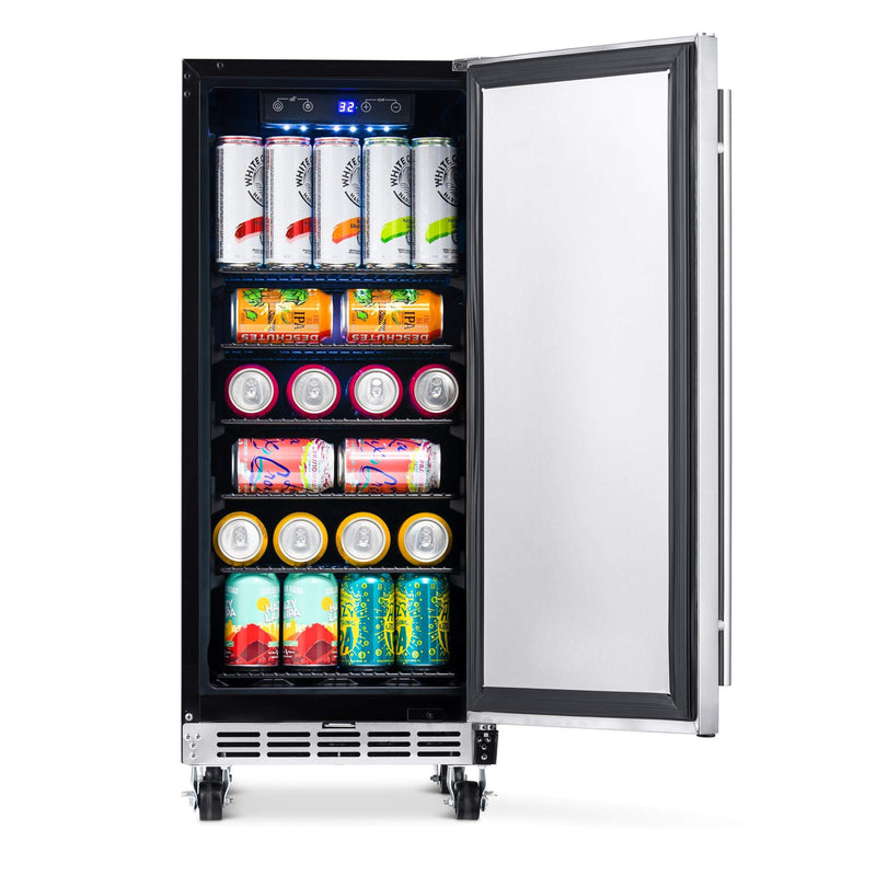 NewAir NewAir 15"� Built-in 90 Can Outdoor Beverage Fridge in Weatherproof Stainless Steel with Auto-Closing Door and Easy Glide Casters