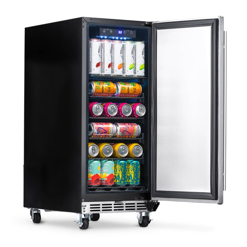 NewAir NewAir 15" Built-in 90 Can Outdoor Beverage Fridge in Weatherproof Stainless Steel with Auto-Closing Door and Easy Glide Casters NOF090SS00